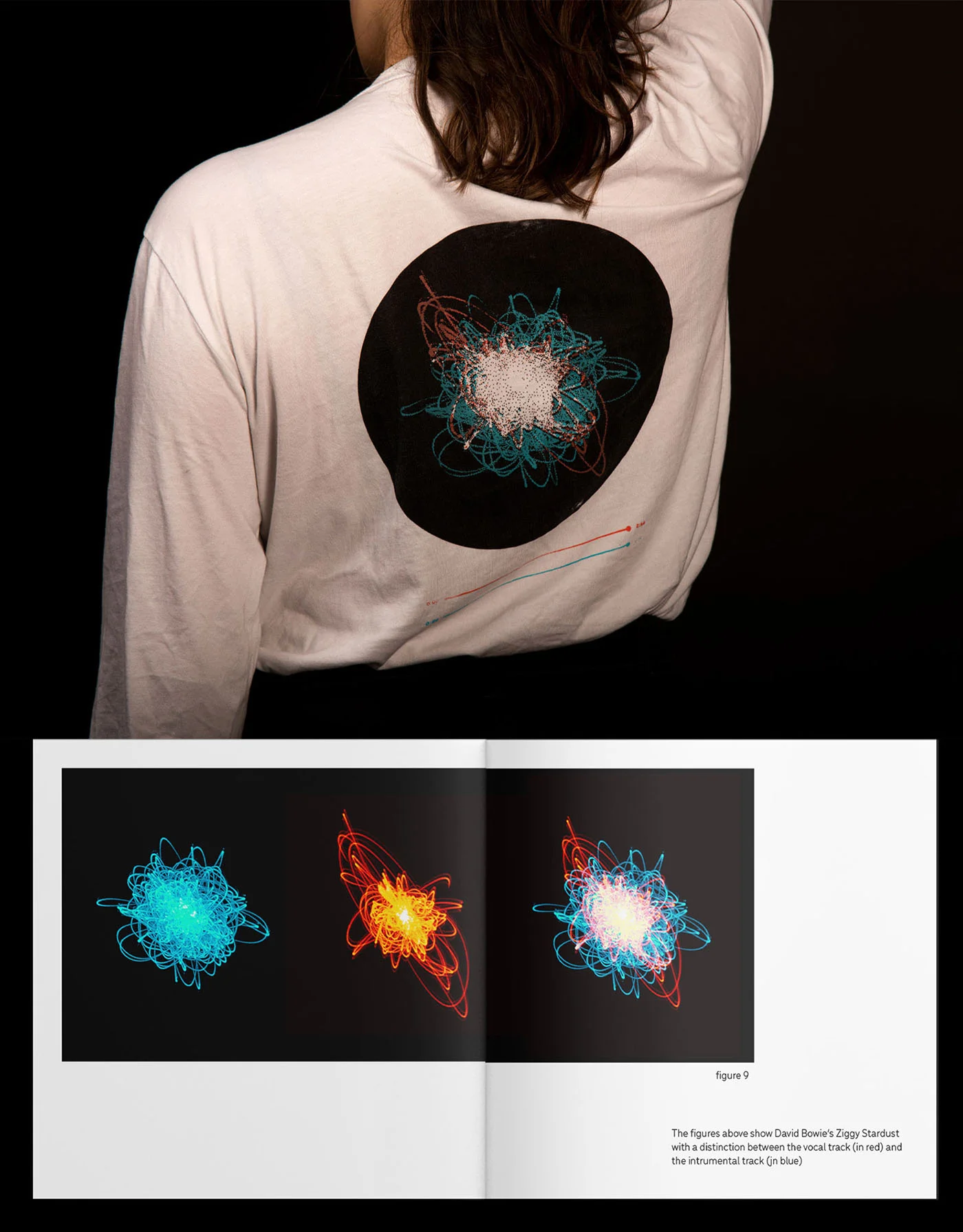 David Bowie's Ziggy Stardust encoded into cymatic shapes and screen-printed on a shirt.