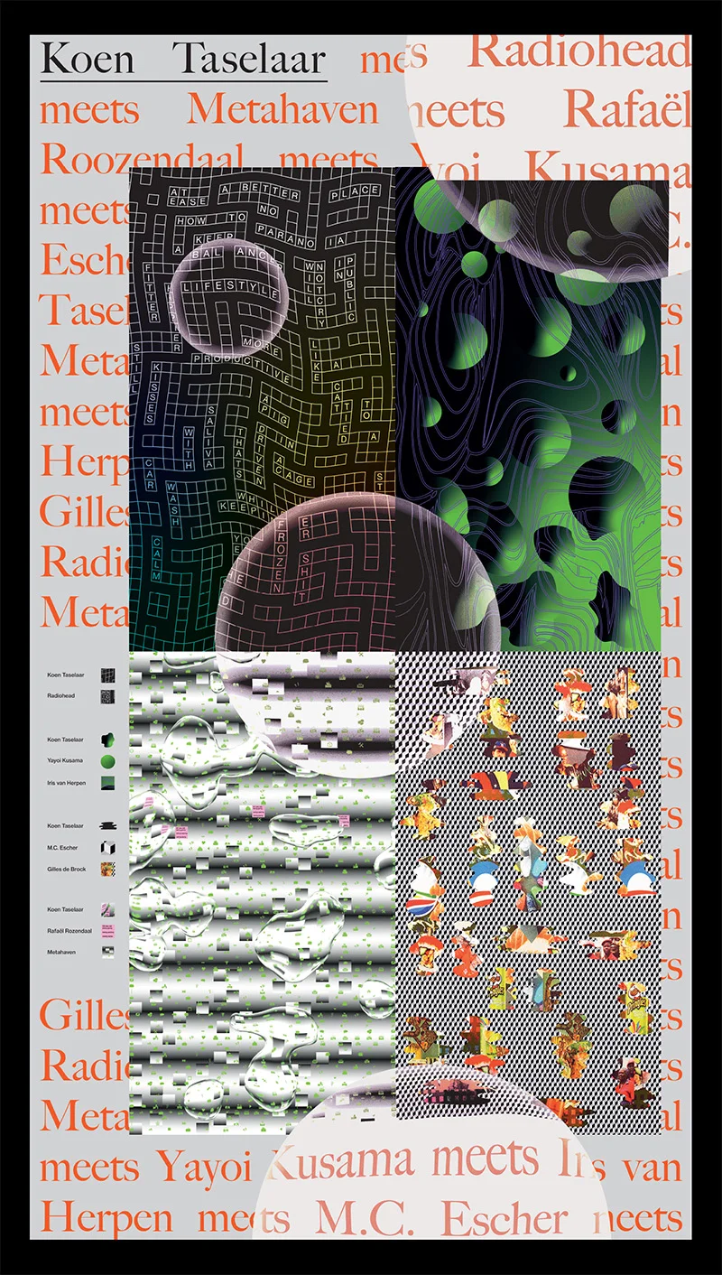 Poster showing four interpretations of Koen Tasselar's artwork and comparing it to other artists.