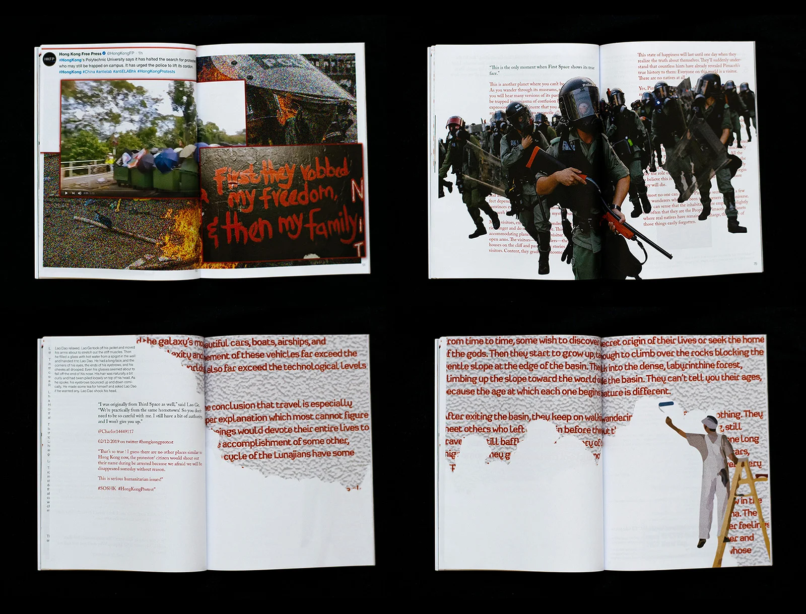 Four magazine spreads on black blackground. They all show some sort of superimposed or censored text.