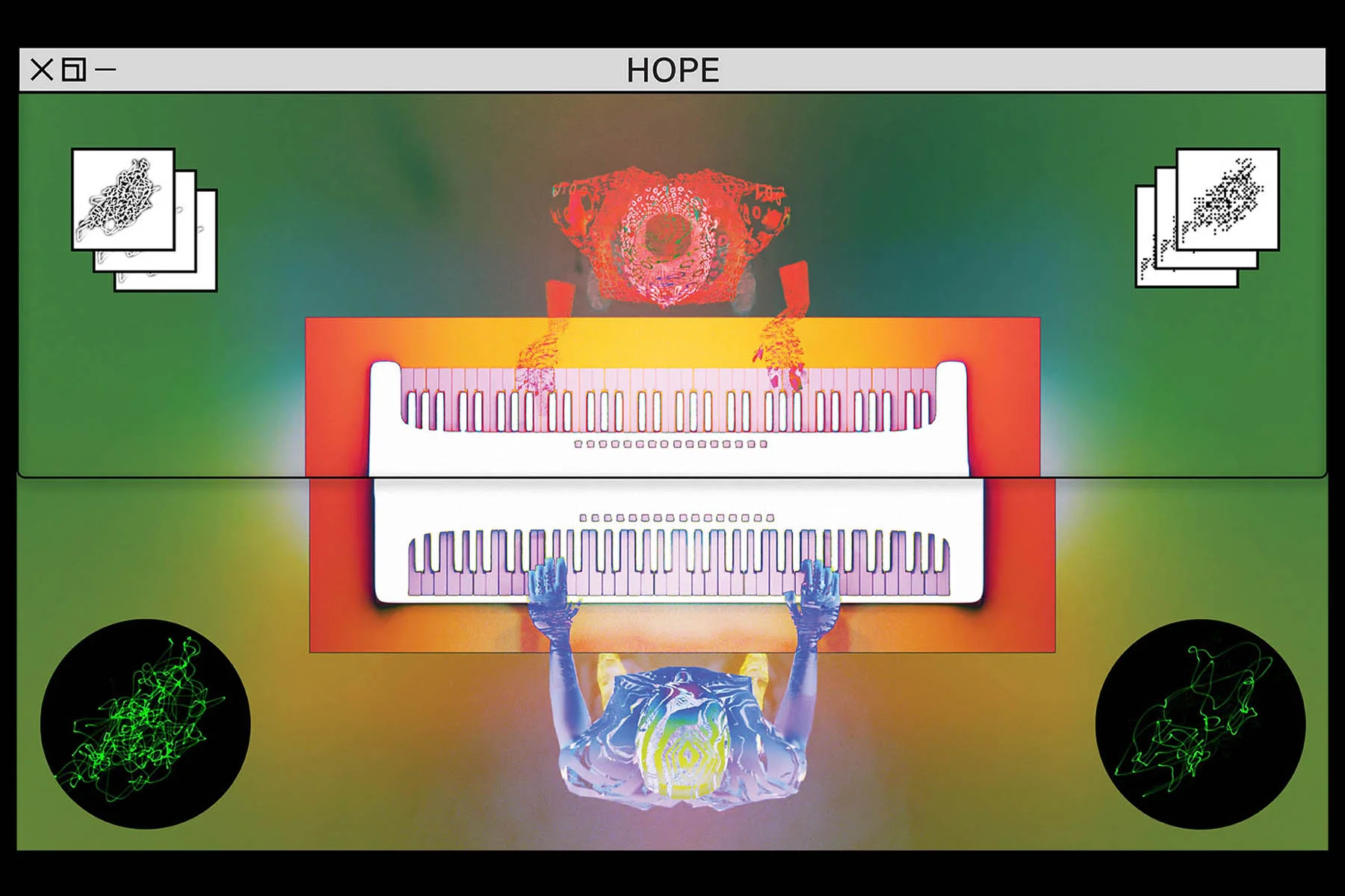 3D Render. Top-view of two keyboard players, one human and one machine, playing face-to-face.