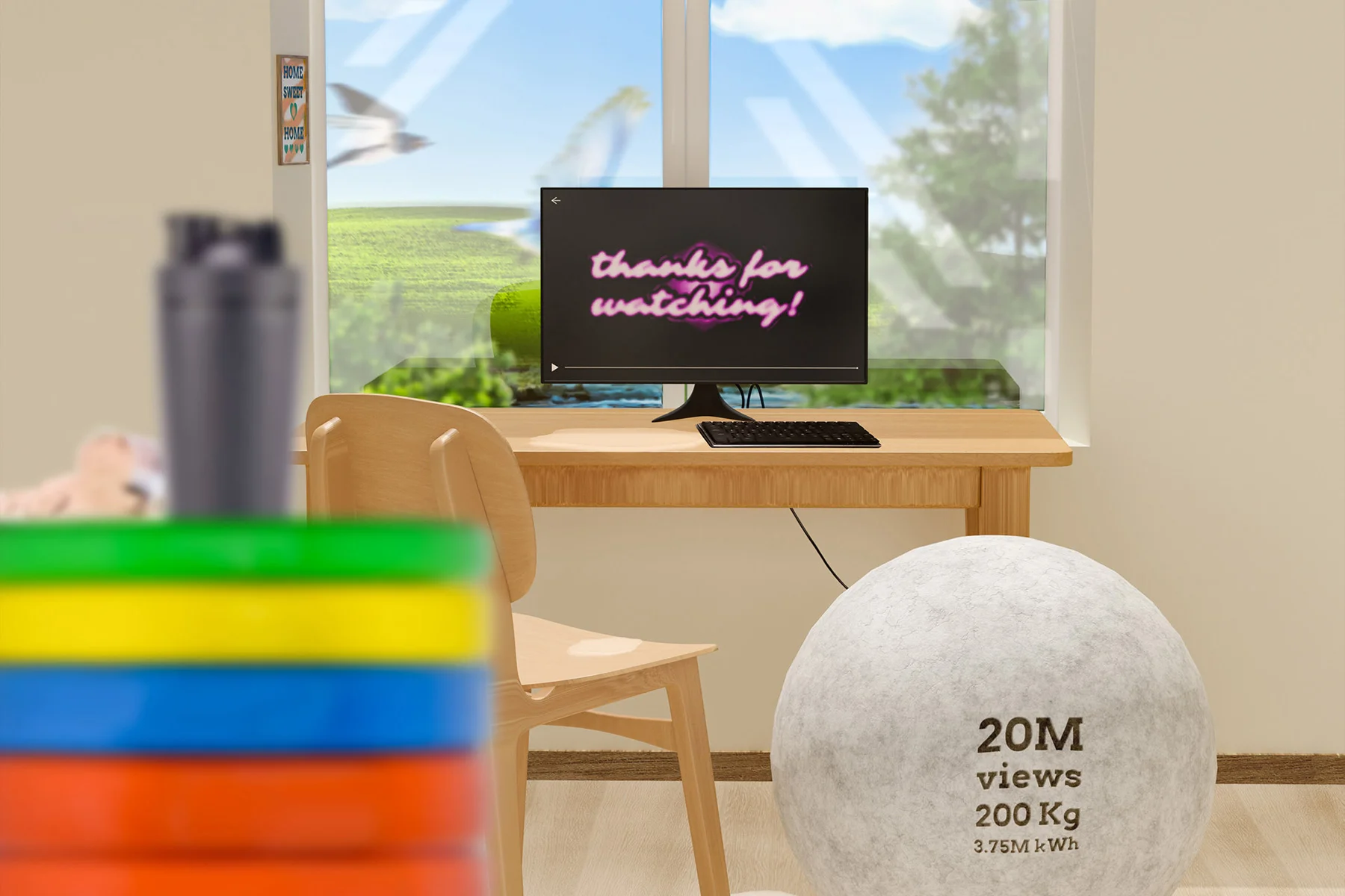 A 3D render of a room. A monitor stands atop a desk, with the message "thanks for watching".