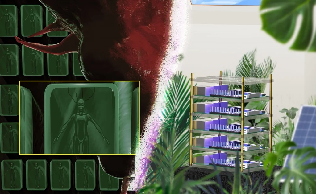 Diptych. On the left side, one can see a 3D render of series of frozen alien-like beings; On the right, a render of a stack of circuitboards surrounded by plants and a solar panel.