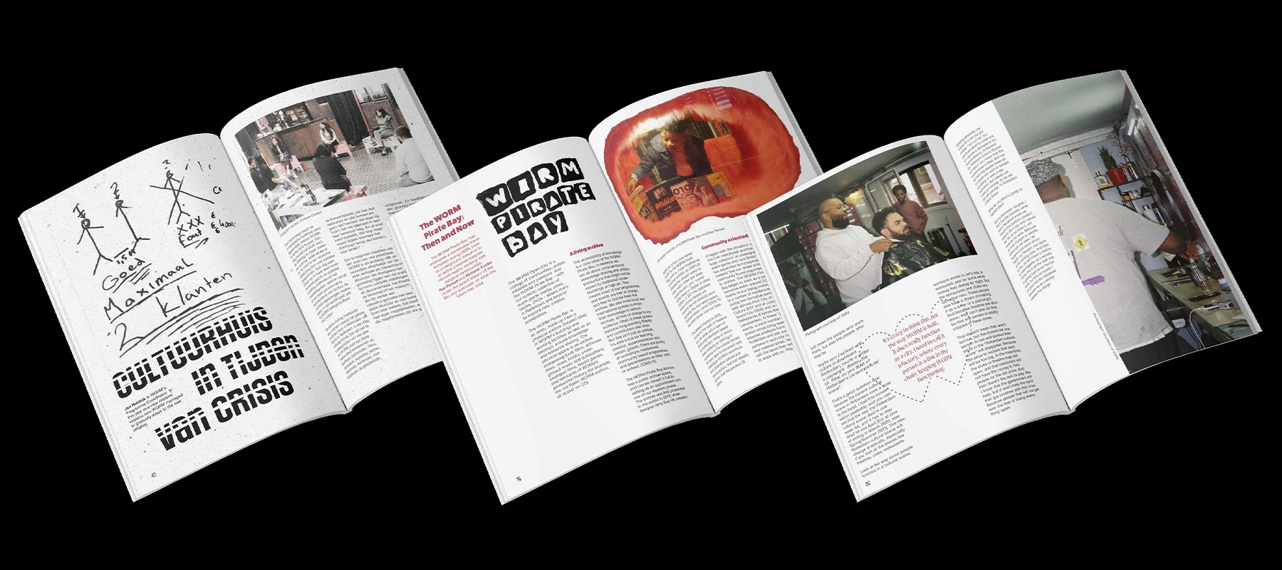 Three spreads of a magazine side by side.