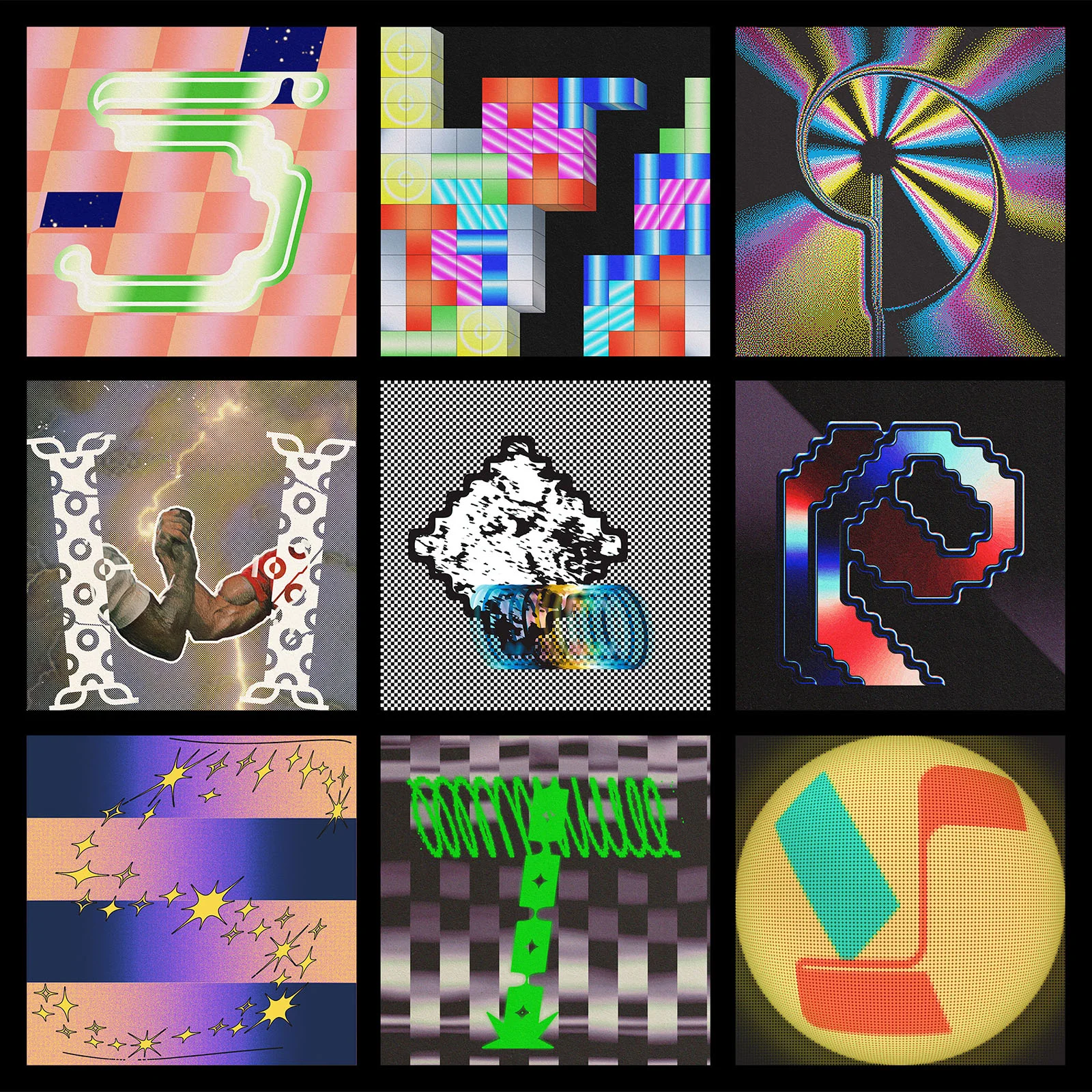 Grid view of 9 letters – 5, 7, 9, H, Q, R, S, T, Y.