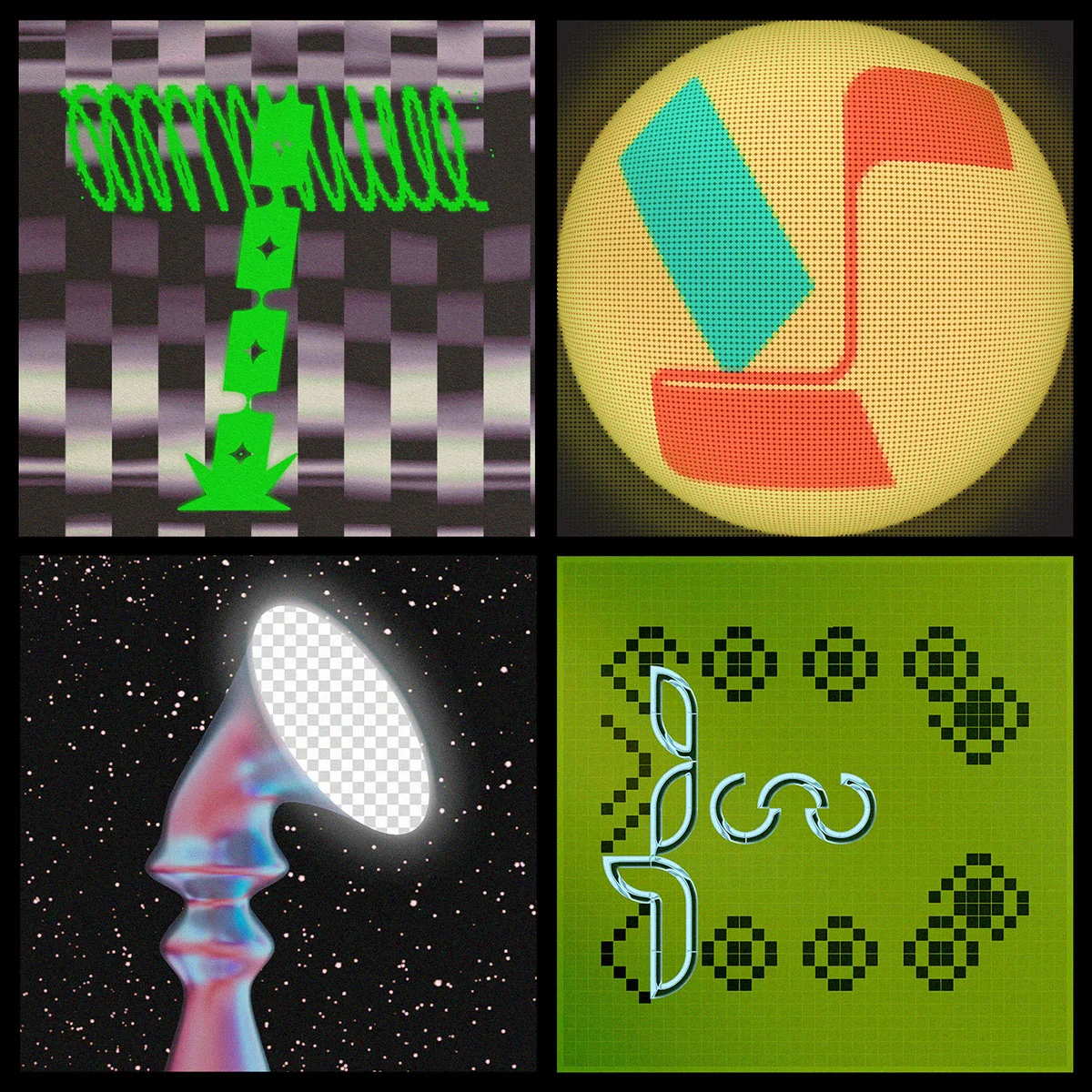 View of four letters, spelling TYPE, on a black background.