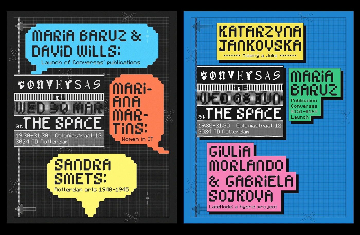 View of two event posters on a black background.