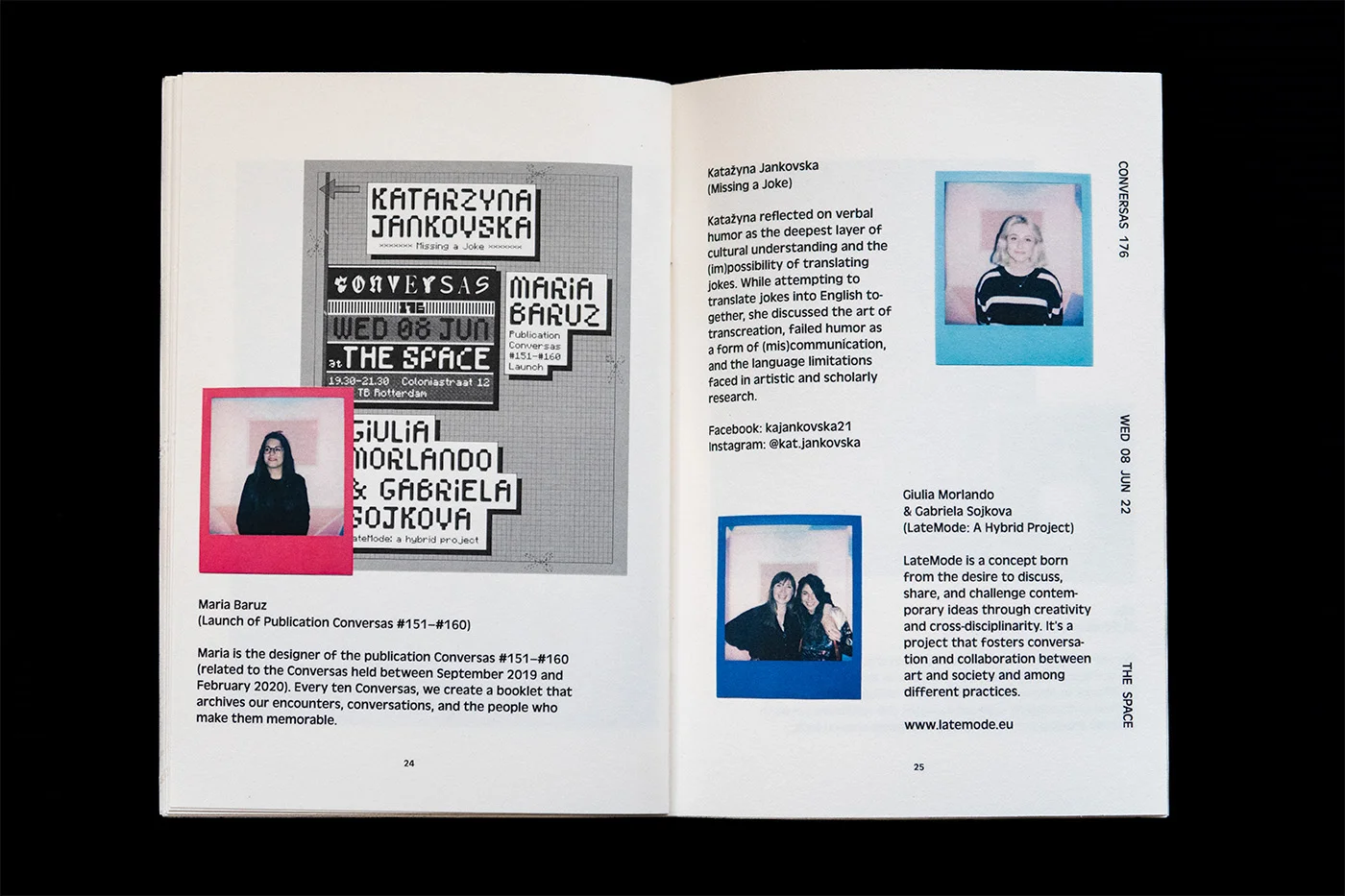 Spread of magazine, showing polaroid photos of three event speakers next to a text describing each conversation.