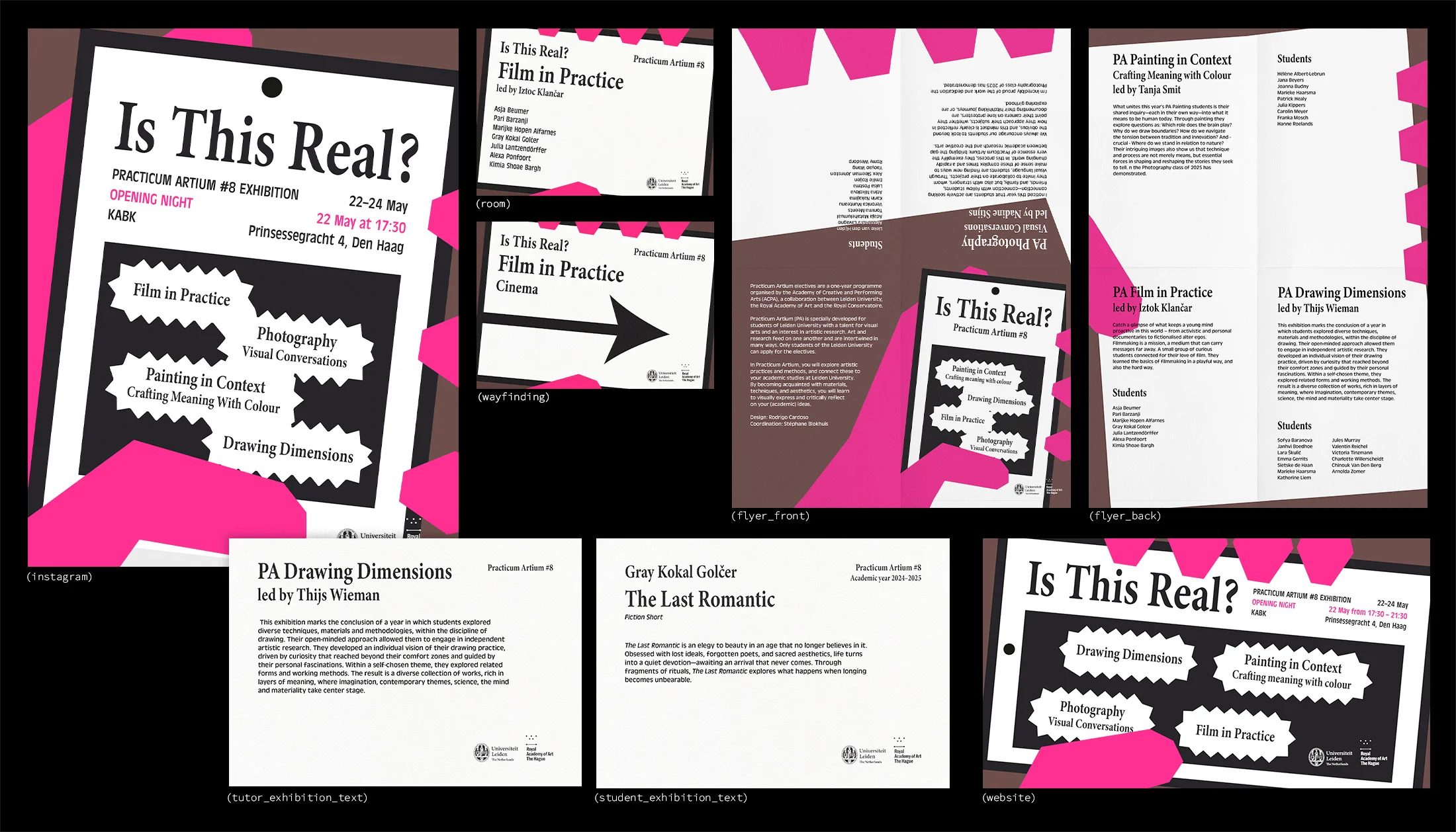 Overview of promotional material announcing the exhibition, including flyers, exhibition texts, instagram posts, wayfinding signs and a website banner.